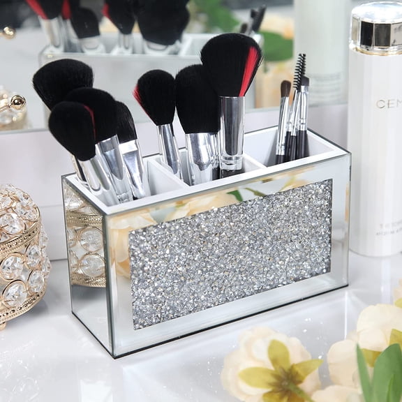 SHYFOY Mirrored Makeup Brush Holder Organizer, Wood, "Pencil Holder" with Crushed Diamond, Silver