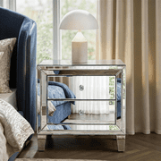 SHYFOY Mirrored Nightstand with 2 Drawers, Crystal Knob Accent Glass Dresser Chest for Bedroom & Living Room   Silver