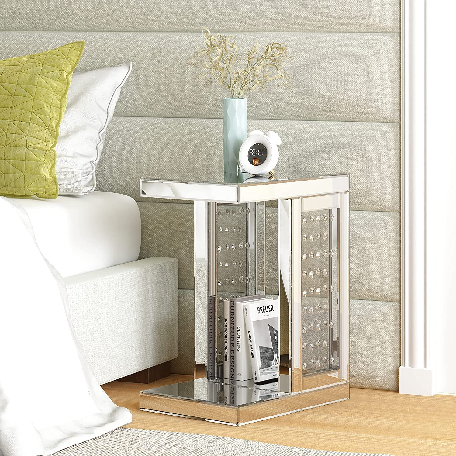 SHYFOY Mirrored Side Table Silver Accent End Table with Clear Crystals for Small Spaces Sofa Couch Living Room Bedroom