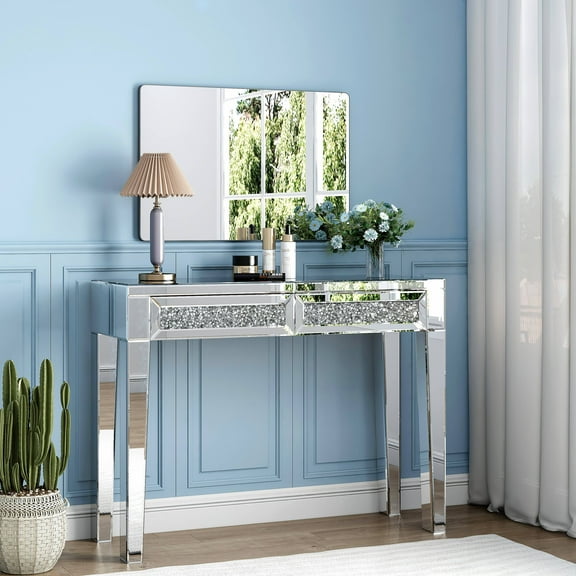 SHYFOY Mirrored Vanity Dresser with Drawers for Bedroom Silver Make Up Table Inlay with Crushed Crystals Modern Console Table Accent Table for Entryway