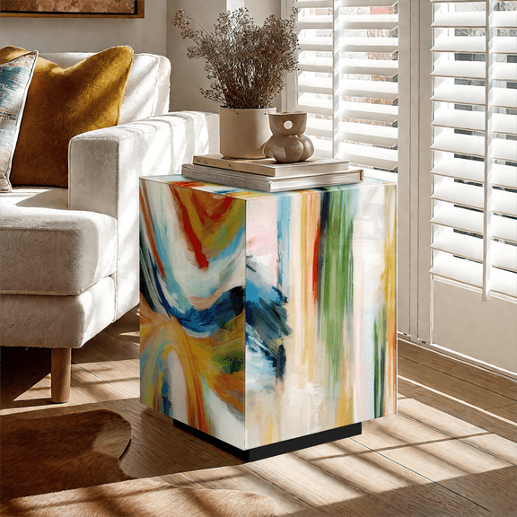 SHYFOY Modern Abstract Silk-Printed Glass End Table, Artistic Living Room Side Table with Beveled Glass Top & Adjustable Feet, 15.75" Accent Table