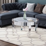 SHYFOY Modern Crystal Inlay Round MDF Glass Coffee Table, Silver