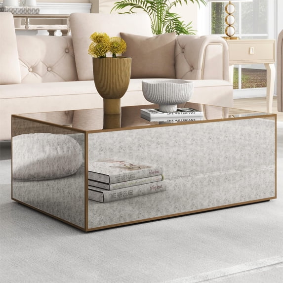 SHYFOY Modern Mirrored Coffee Table with Brushed Gold Metal Frame – Rectangular Living Room Center Table, 35.4" L x 23.6" W x 13.78" H