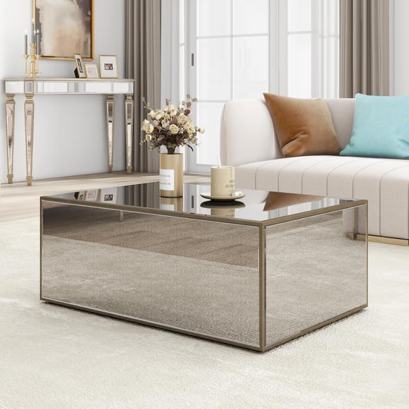 SHYFOY Modern Mirrored Coffee Table with Brushed Gold Metal Frame  Rectangular Living Room Center Table, 35.4" L x 23.6" W x 13.78" H