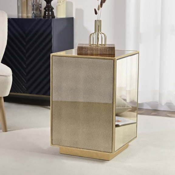 SHYFOY Modern Mirrored Side Table with Gold Accents  Contemporary Luxury End Table for Living Spaces