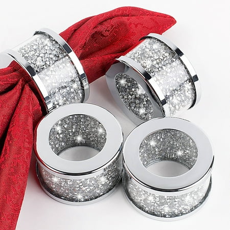 SHYFOY Napkin Rings Silver Set of 4 Cloth Holder Serviette Buckles Crushed Diamond Table Decor