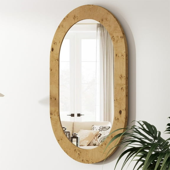 SHYFOY Oval Wall Mirror, 35.4 x 23.6 Inch Natural Burlwood Wooden Frame Decorative Accent Mirror for Entryway, Fireplace Mantel, Living Room Wall Decor