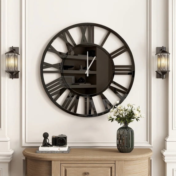 SHYFOY Round Black Glass Wall Clock - 24" Modern Large Clocks Wall Decor for Living Room Office Bedroom Fireplace
