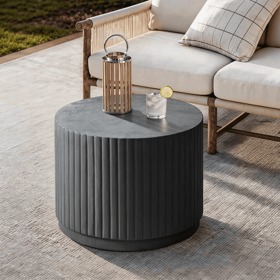 SHYFOY Round End Table Modern Concrete Side Table with Fluted Finish, MgO Accent Table for Living Room, Bedroom, Apartment or Patio