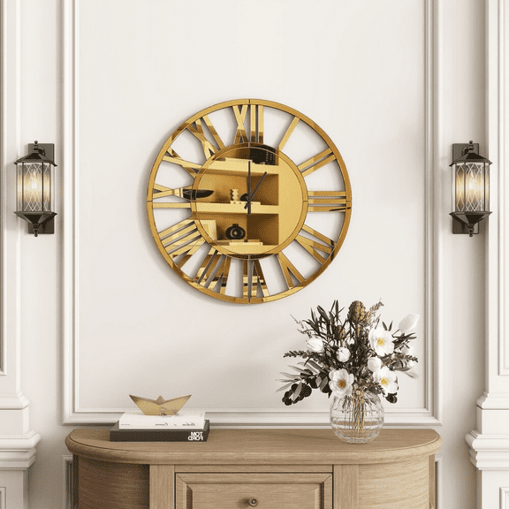 SHYFOY Round Gold Glass Wall Clock - 18" Modern Large Clocks Wall Decor for Living Room Office Bedroom Fireplace