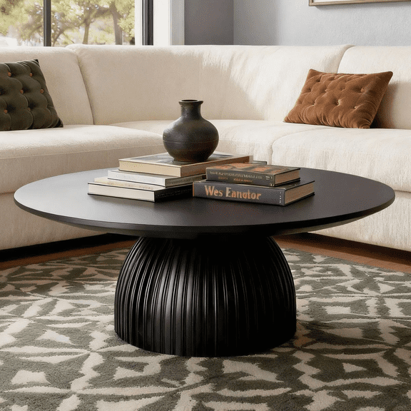 SHYFOY 35.4" Round Pedestal Coffee Table, Modern Black Center Table with Sturdy MDF Base for Living Room, Office & Lounge