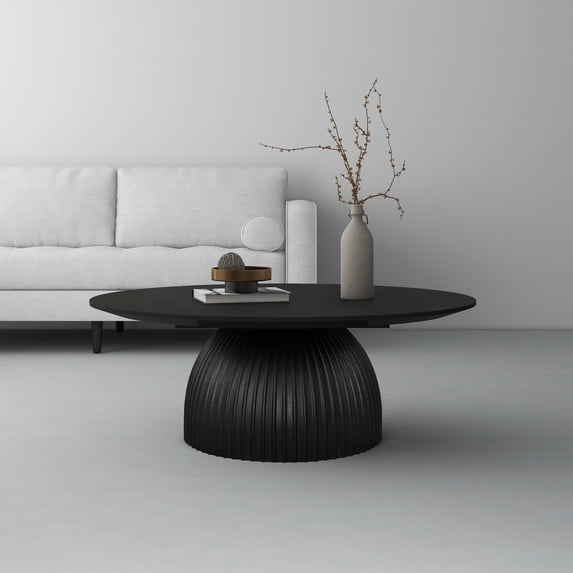 SHYFOY Round Solid Wood Coffee Table Black Pedestal Center Table for Living Room Furniture