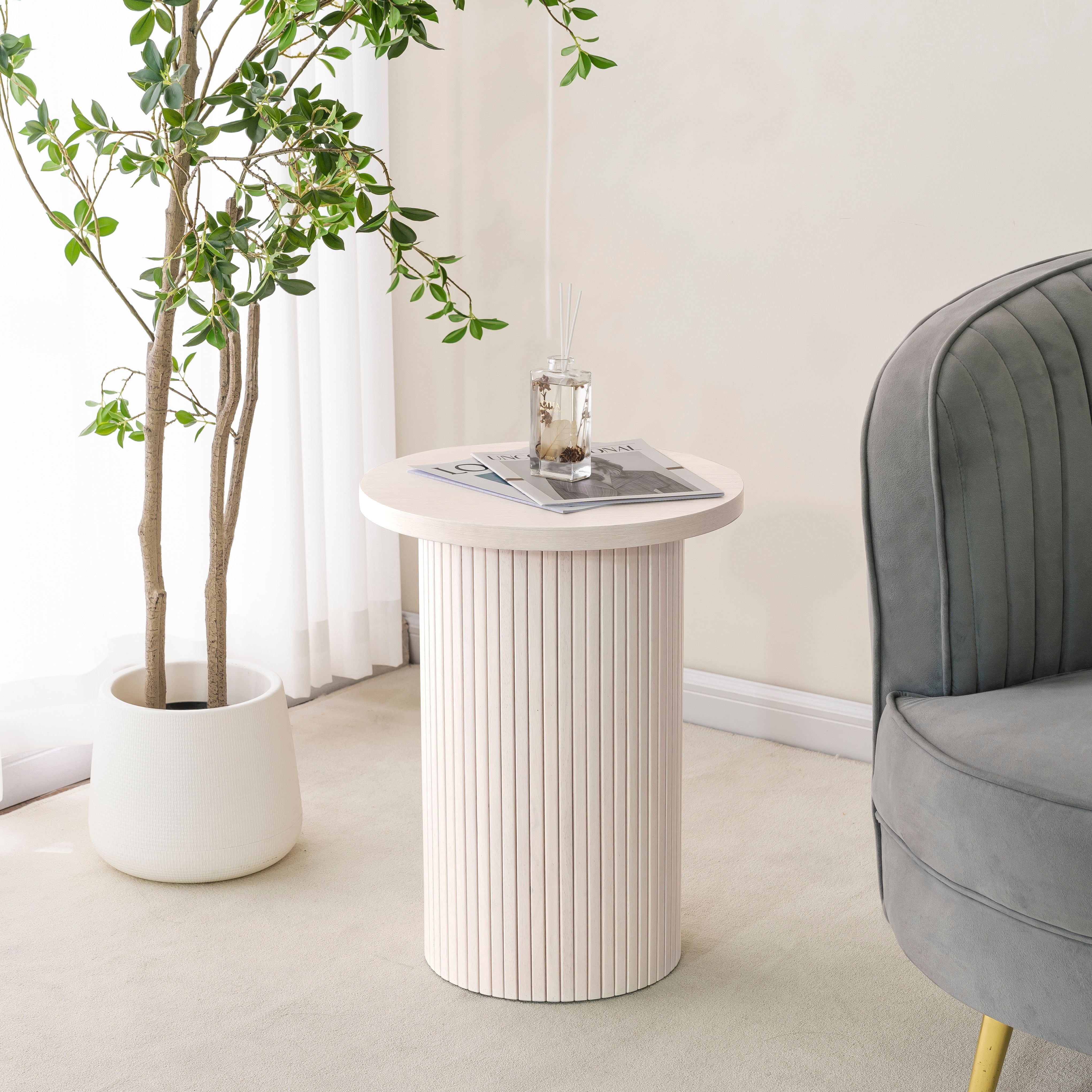SHYFOY Round Solid Wood End Table White Pedestal Side Table Living Room Furniture Accent End Table with Solid Wood Base