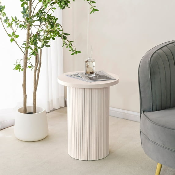 SHYFOY Round Solid Wood End Table White Pedestal Side Table Living Room Furniture Accent End Table with Solid Wood Base