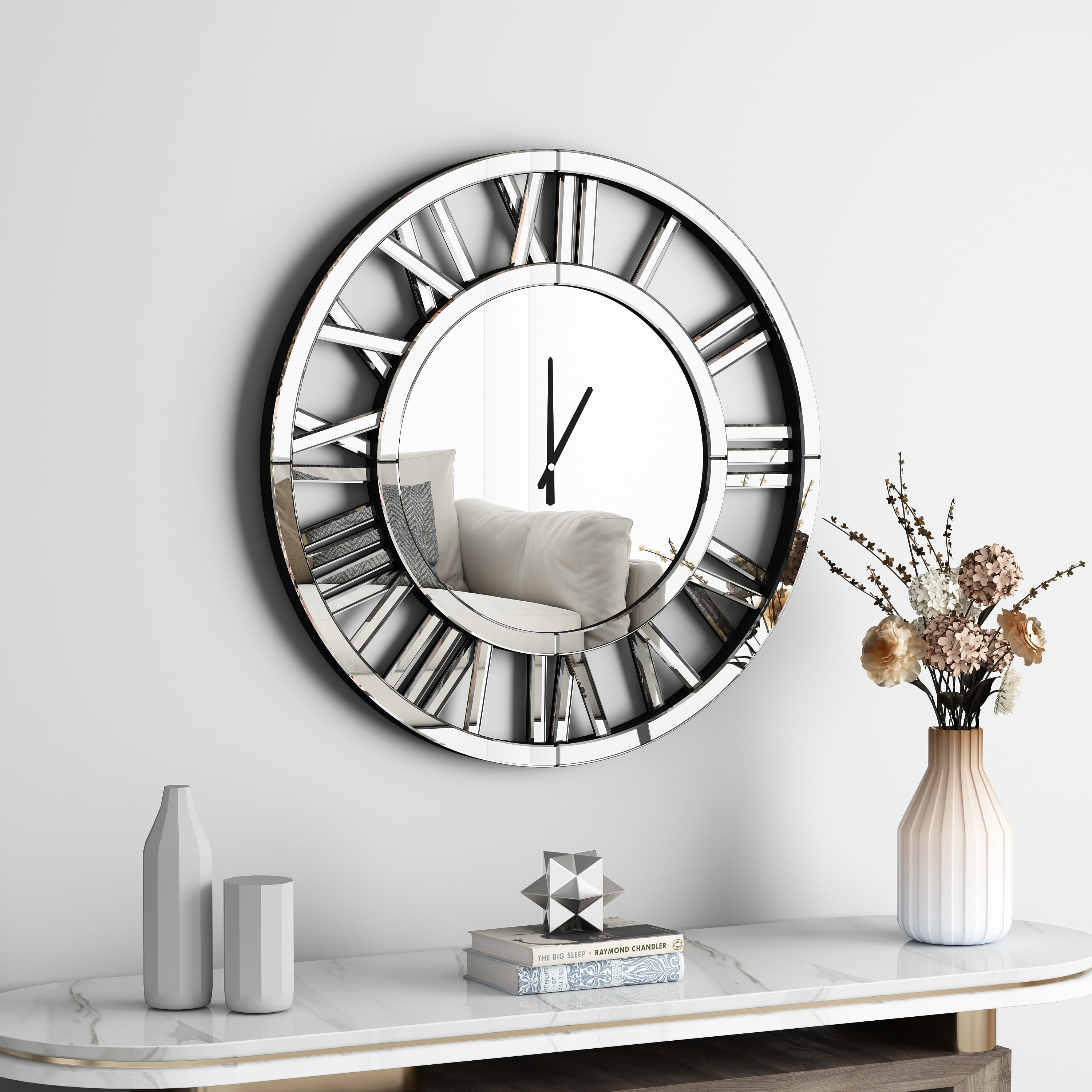 Modern Mirrored Round Wall Clock with Roman Numerals, 17.7''