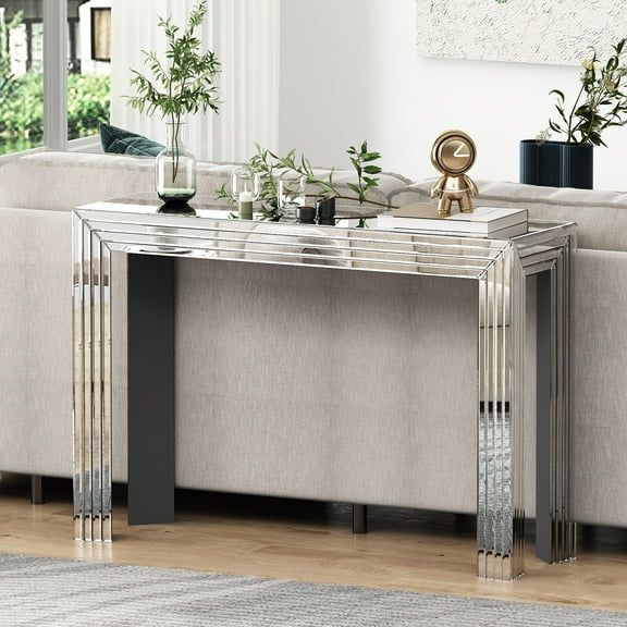 SHYFOY Silver Console Table Entryway Table with Line Design Mirror Finished Accent Table Sofa Table for Living Room Hallway Entrance