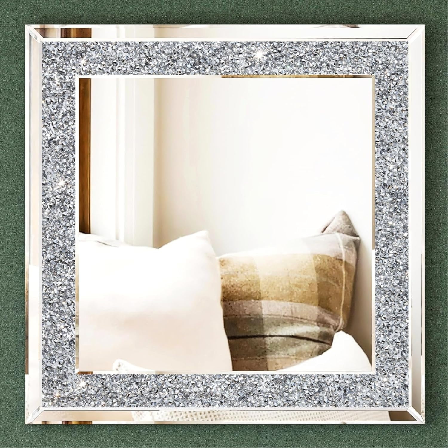 24" Square Silver Crystal Accent Wall Mirror with MDF Back