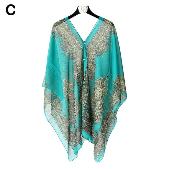 Lutiore Women Beach Cover Up Poncho Summer Beach Bikini Cover Up Loose Chiffon Blouse Button Scarf Top Kaftan With Swimwear Shawl K4T9