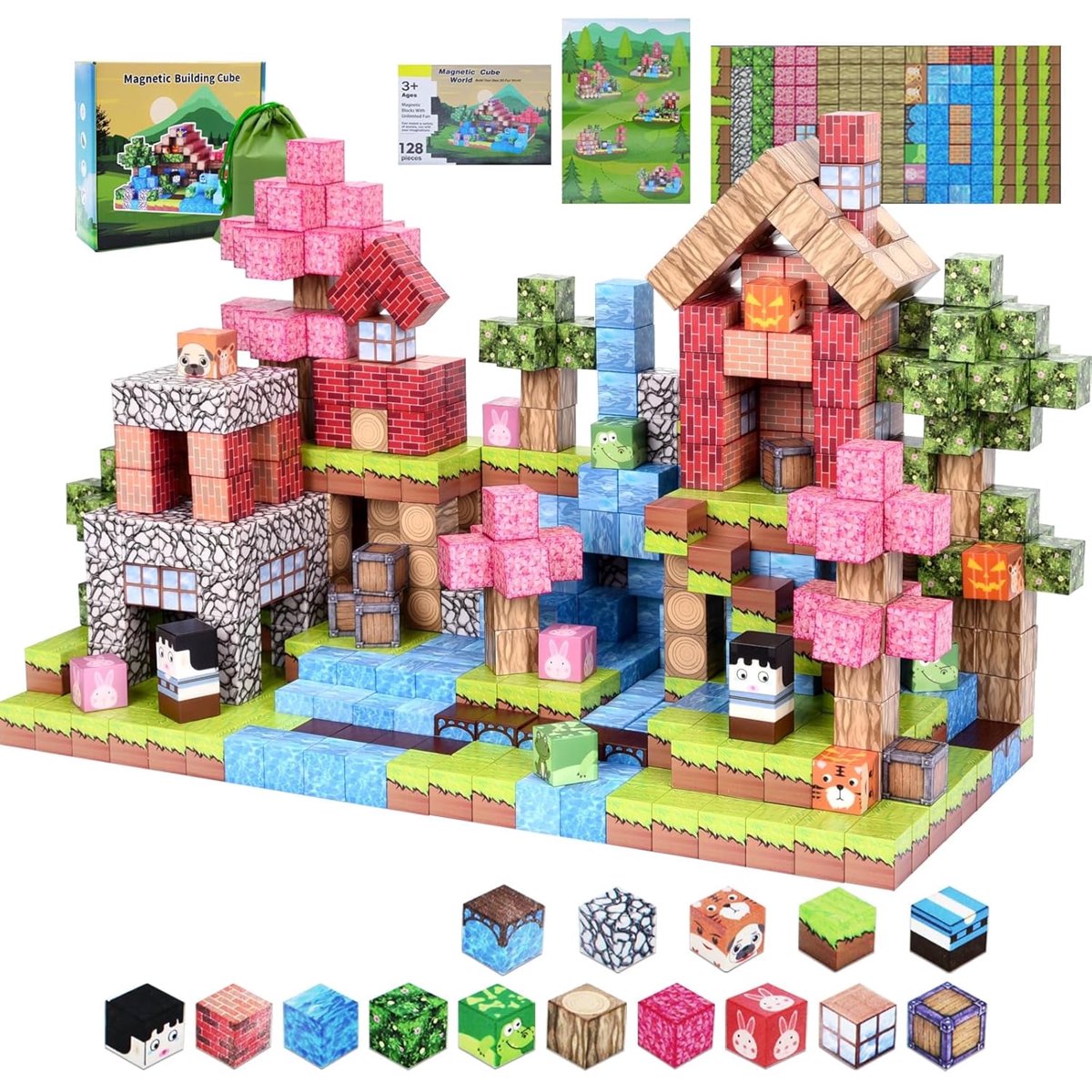 SHYUJAJIE 128 Pieces Magnetic Cube Blocks for Kids, Magnetic Building Blocks Build Your Own 3D Fun World, Best Gifts for 3+ Ages Girls Boys