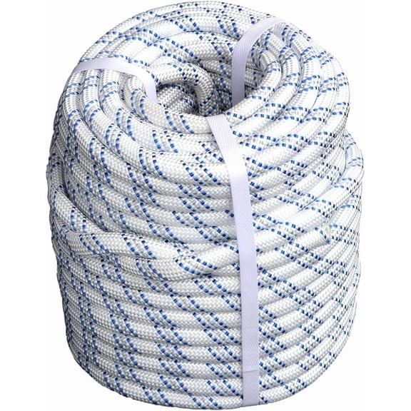 SHZAITOR 1/2in x 120ft Double Braided Arborist Ropes, 48Strands High Strength Polyester Rope, for Tree Work, Swing, Camping, White Blue Gray