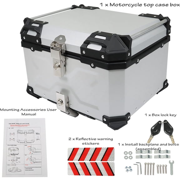 SHZAITOR 65L-X Silver Motorcycle Tail Box Top Case, Aluminum Alloy Motorcycle Top Case Tail Box with Wide Space & Cool Appearance Motorcycle Trunk Tour Tail Box Secure & Durable