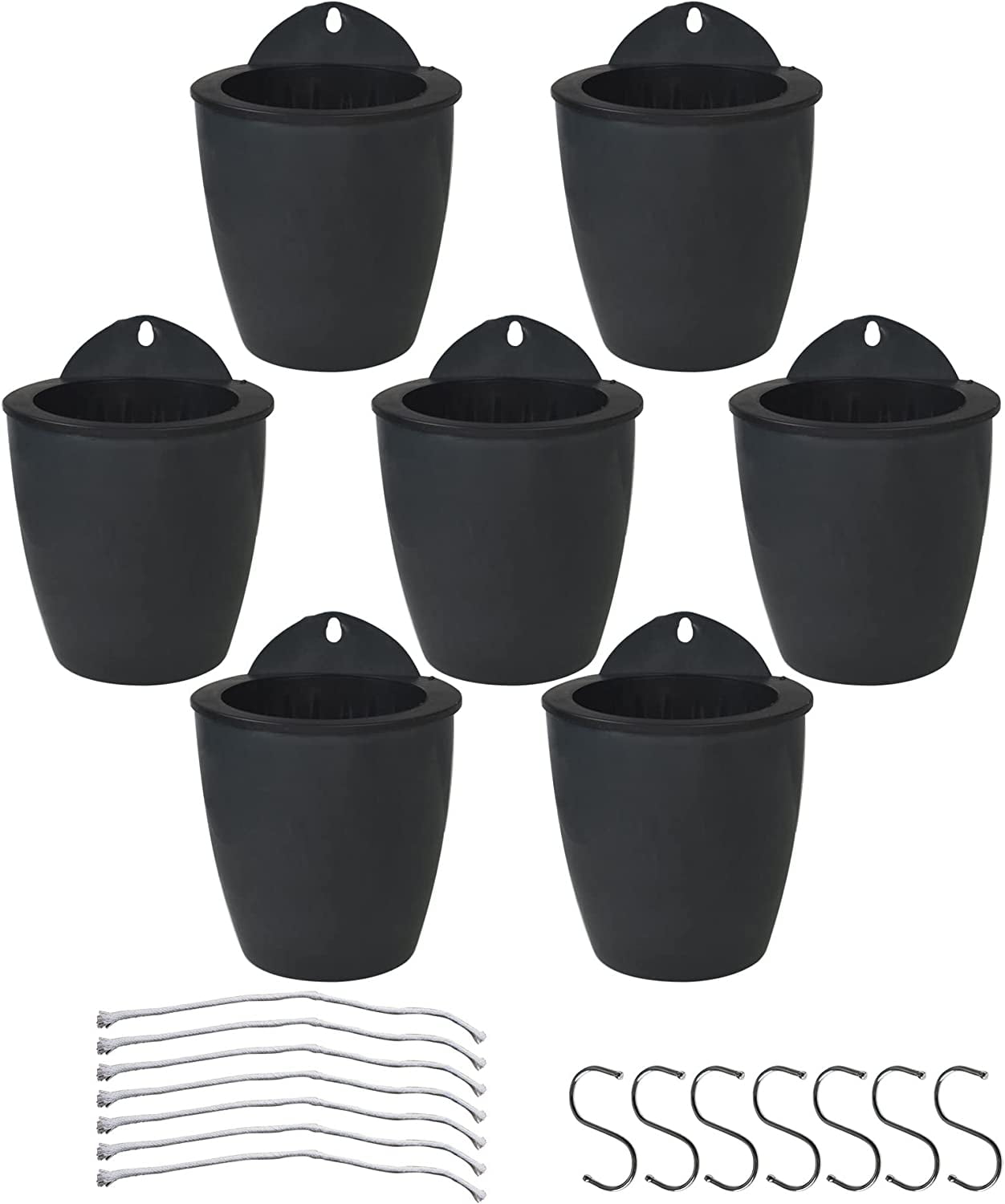 SHZAITOR 7 Packs Lazy Flower Pots Shelf Water Planter Pot of Walls Self Watering Flowerpot with Hooks Suitable for Indoor and Outdoor Black