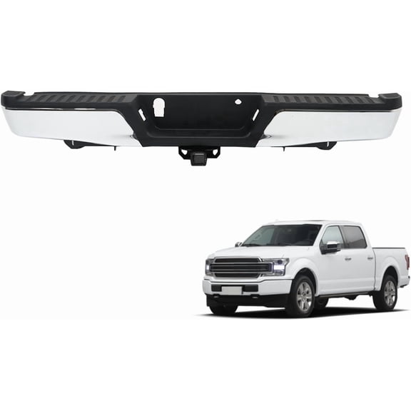 SHZAITOR Chrome Steel Rear Step Bumper Assy Replacement for F-150 2015 2016 2017 2018 2019 2020 without Park Assist Sensor Holes with Tow Hooks