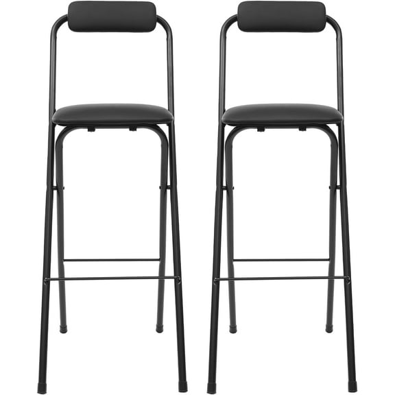 SHZICMY 2PCS Folding Bar Stool with Backrest, Tall Foldable Stool Chair, Portable High Folding Bar Chair Counter 29.5" Height Seat Leather Padded for Adults Kitchen Counter Room Home Camping, Black