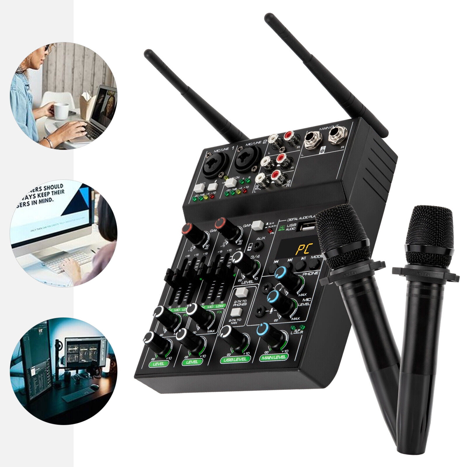 SHZICMY 4 Channel Sound Audio Mixer Bluetooth USB DJ Live Studio Mixing Console Black US