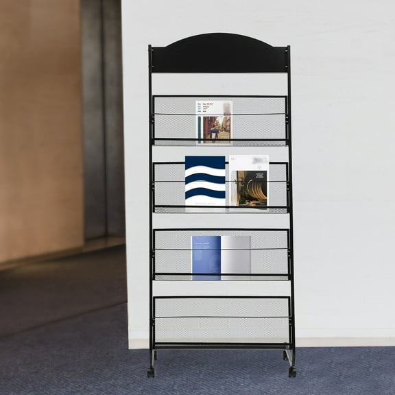 SHZICMY 4 Tier Free-Standing Magazine Rack with 4 Wheels Brochure Literature Newspaper Storage Display Stand Holder Organizer Black