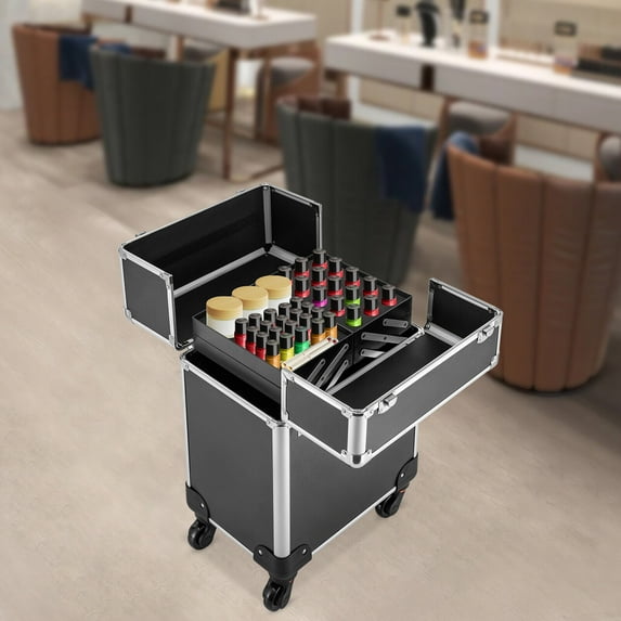 SHZICMY 4-Tier Professional Rolling Makeup Train Case Cosmetic Trolley Latch Opening Makeup Organizer with Wheel & Key Black