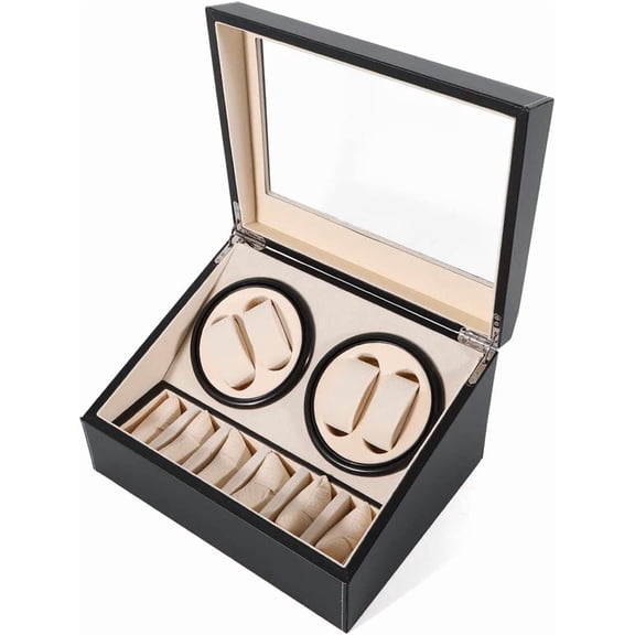 SHZICMY Automatic Watch Winder Display Box, 4+6 Automatic Rotation Leather Wood Watch Winder Collector Display Box (Black)