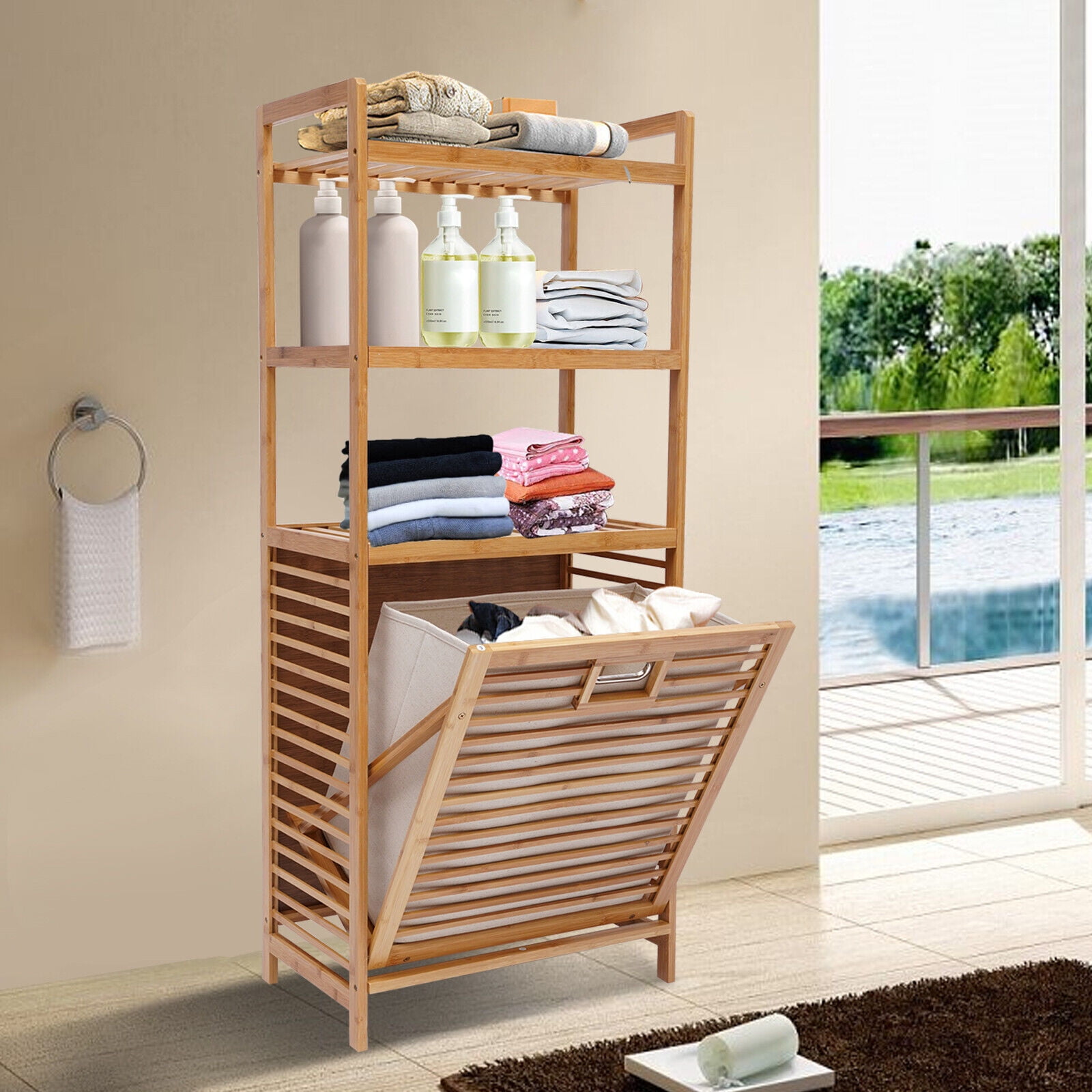 SHZICMY Bamboo Bathroom Laundry Hamper Basket with 3 Tier Storage