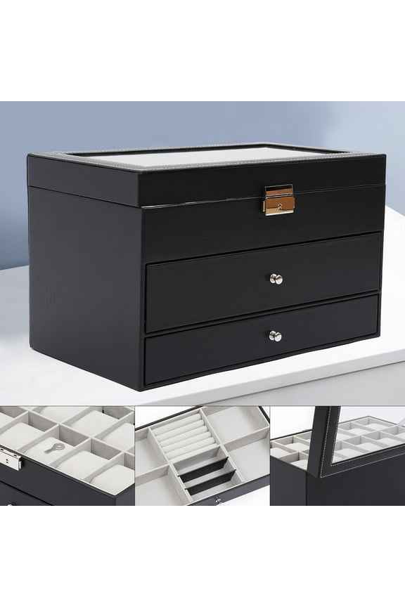 Lockable Watch Storage Box & Jewelry Organizer Case with Lid 3 Tiers 25 Slots