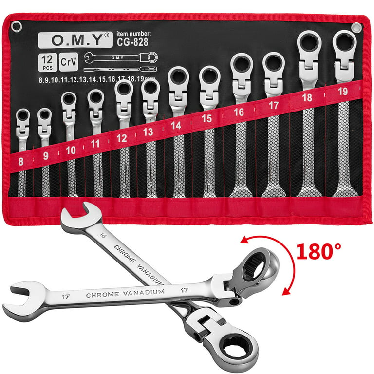 SHZOND 12 Pcs Ratchet Wrench Set 8-19mm Metric Combination Spanner Flexible  Head Wrenches Kit