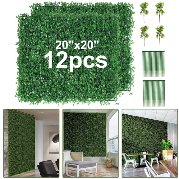 SHZOND 12Pcs 20"x20" Artificial Boxwood Panel, Grass Wall Panel, UV Protected Privacy Boxwood Hedge Wall Panels Suitable for Artificial Green Wall Decor, Fence Garden Backyard Decor (Dark Green)