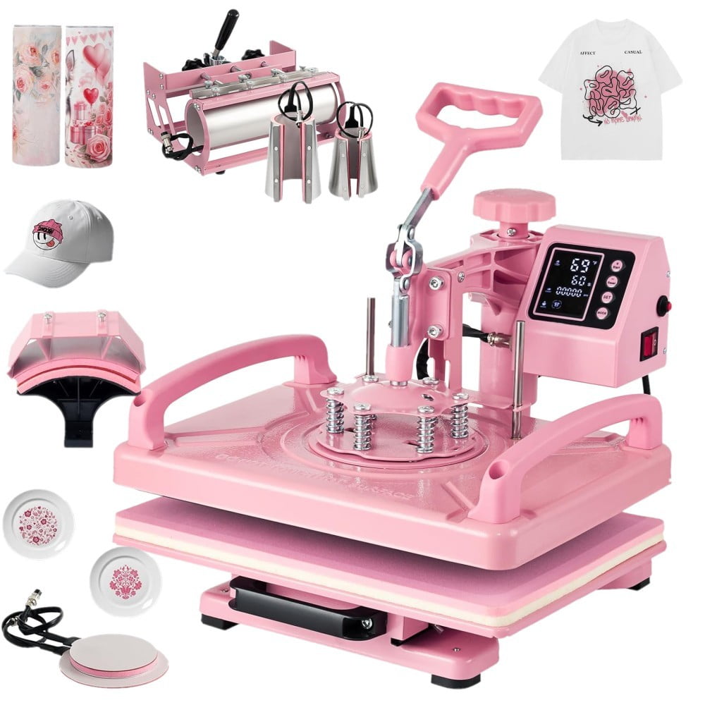 SHZOND 15x12 Inch Heat Press, 8 in 1 Heat Press Machine with 30 OZ Tumbler Press,Swing Away T Shirt Pressing Machine, Combo Heat Press Machine Sublimation for T-Shirt Hat Cap Mug Plate Tumbler （Pink）
