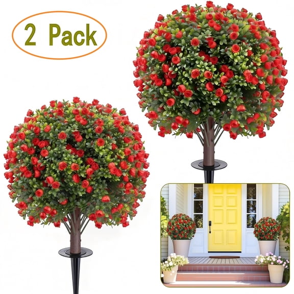 SHZOND 2 Pack 26" Artificial Red Rose Topiary Ball Tree, Fake Topiary with Ground Spike, UV Resistant Faux Bushes Plants for Indoor Outdoor Garden Decor