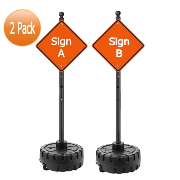 SHZOND 2 Pack Portable Sign Pole, 5 FT Cast Iron Sign Post Holder with Wheeled Base, Outdoor Sign Pole/Post for Traffic, Parking, and Safety Signs, Black