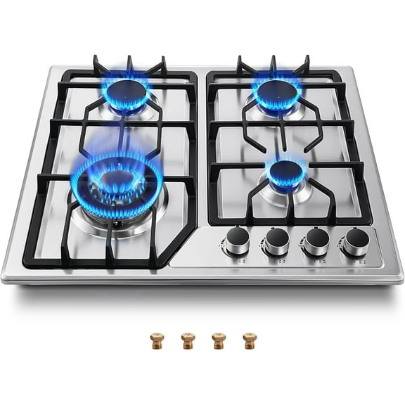 SHZOND 24 Inch Gas Cooktop, Built in 4 Burner Stainless Steel Gas Stovetop 26,600 BTU, NG/LPG Convertible Propane Stove 120V RV Top Stoves for Kitchen