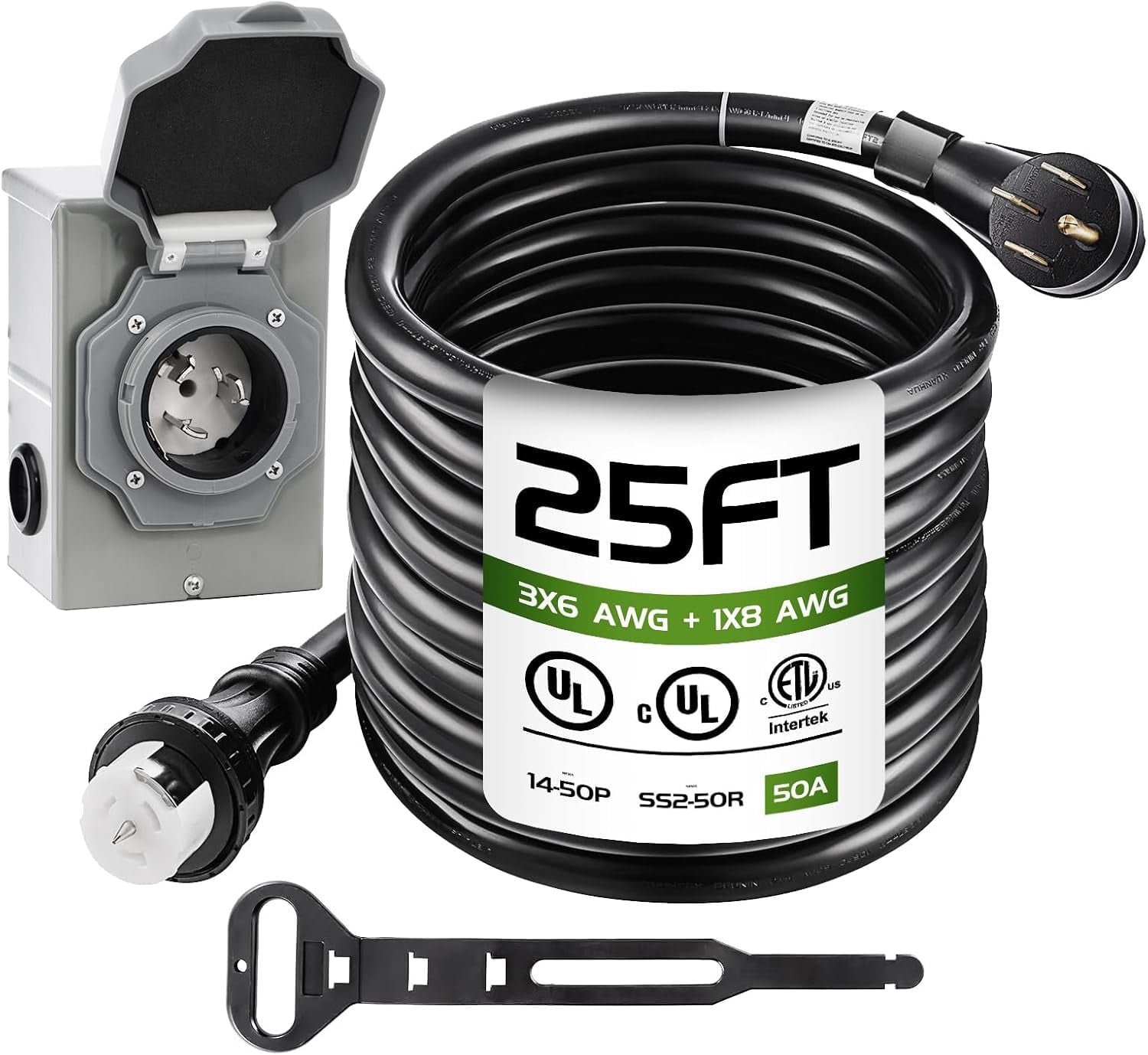 SHZOND 25FT 50 Amp Generator Cord with Power Inlet Box,Heavy Duty STW 6/3 + 8/1 Power Cord N14-50P \u0026 SS2-50R \u0026 CS6364 Twist Lock Connector