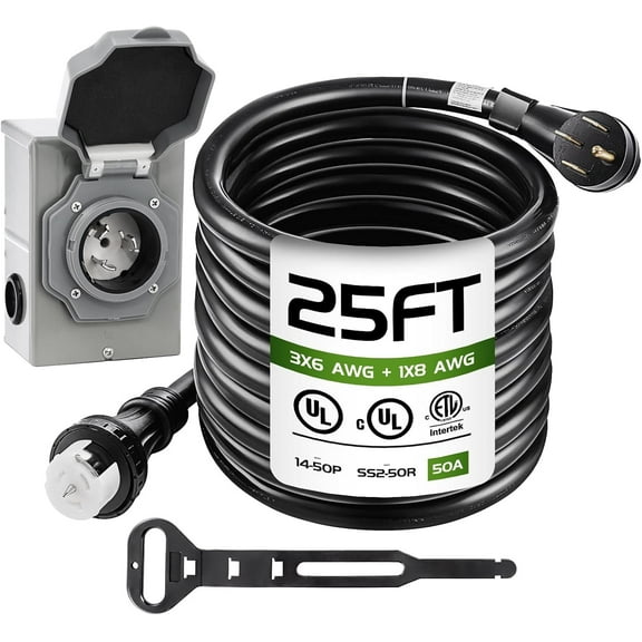 SHZOND 25FT 50 Amp Generator Cord with Power Inlet Box,Heavy Duty STW 6/3 + 8/1 Power Cord N14-50P & SS2-50R & CS6364 Twist Lock Connector