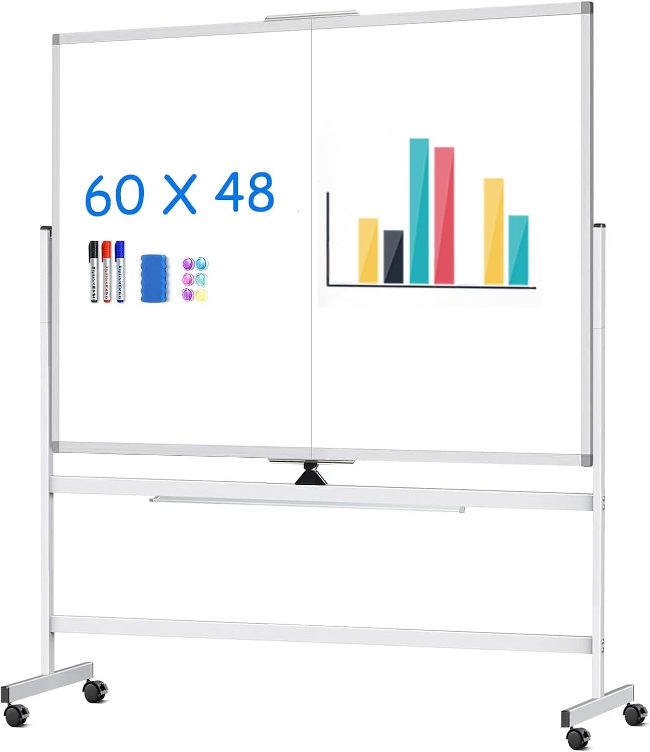 SHZOND 60 x 48 Double Sided Rolling Whiteboard, Rolling White Board,Magnetic Rolling Dry Erase Board Easel Standing Board on Wheels with Aluminium Frame for Office, Home ,Classroom