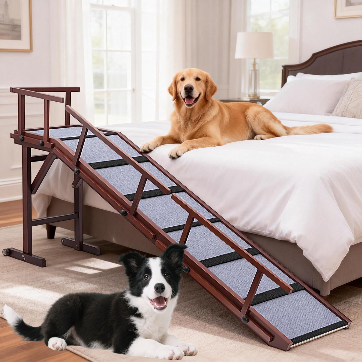 Pet Ramp With Rails SHZOND 74” Long Dog Ramps for Bed or Couch,Wooden Pet Ramps with Gentle ...