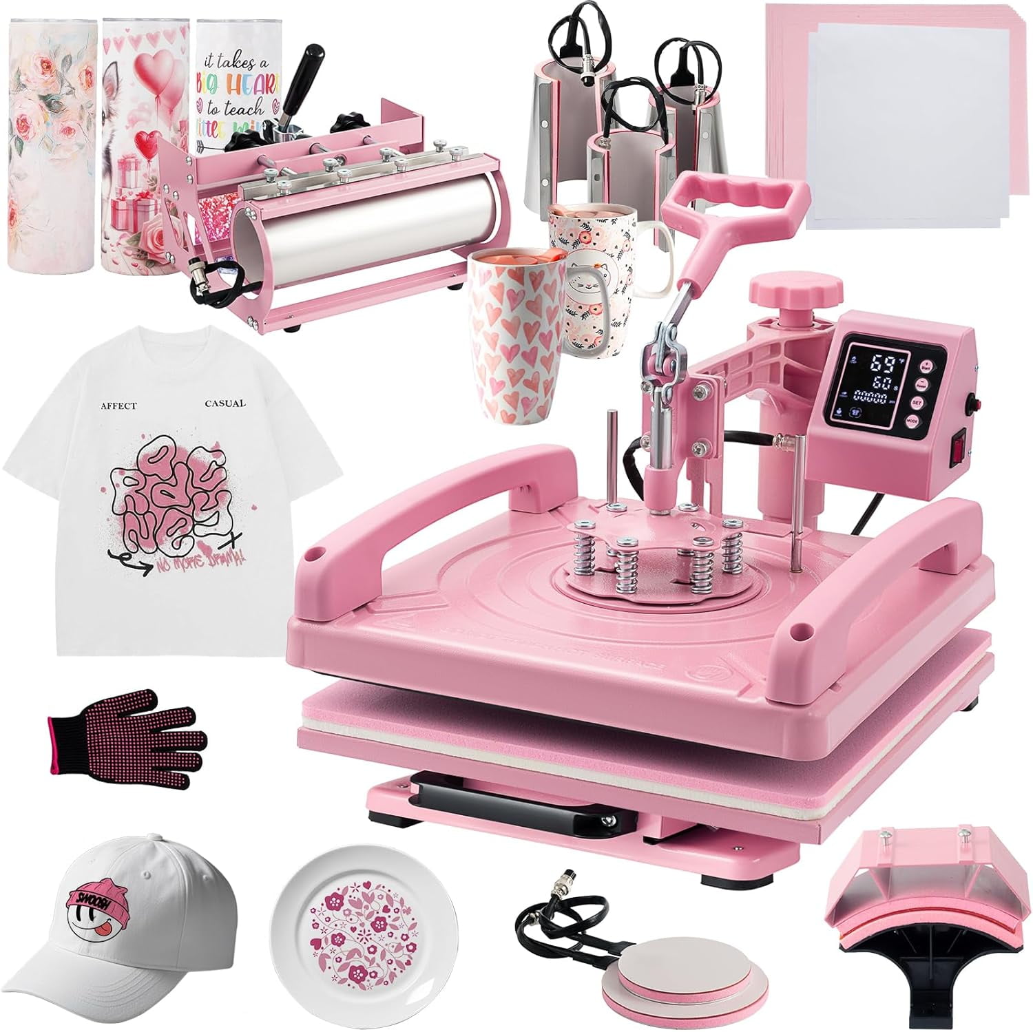 SHZOND 8 in 1 Heat Press Machine, Multifunction 15x15 inch Heat Press Transfer Machine, 360-Degree Swing Away Sublimation Machine for T-Shirt Hat Cap Mug Plate（Pink）