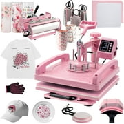 SHZOND 8 in 1 Heat Press Machine, Multifunction 15x15 inch Heat Press Transfer Machine, 360-Degree Swing Away Sublimation Machine for T-Shirt Hat Cap Mug Plate Pink