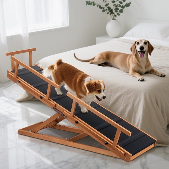 SHZOND Dog Ramps for Beds, 64" Long Foldable Pet Ramps for Large Dogs, Portable Wooden Dog & Cat Ramps for Couch, Furniture-Grade Dog Step Adjustable Height W/Non Slip Mat & Safety Side Rails