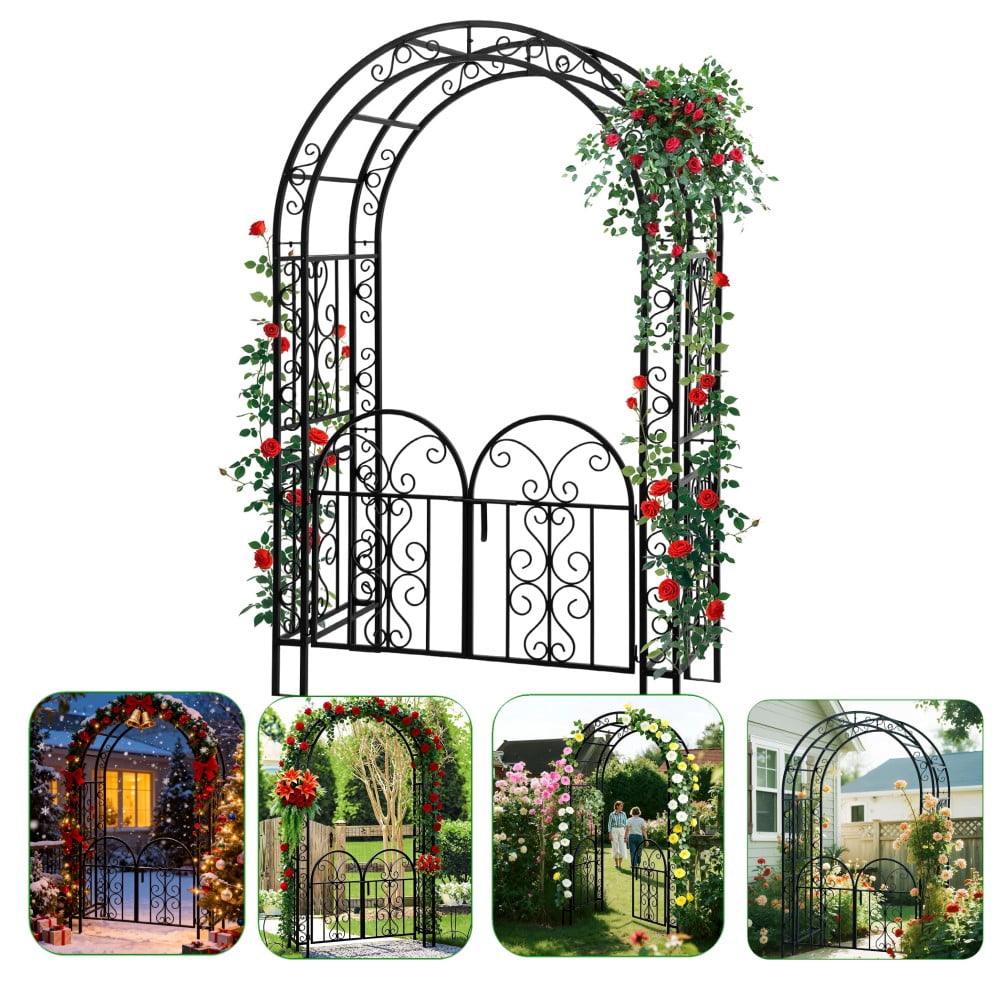 SHZOND Garden Arch with Gate, 7ft Outdoor Steel Arbor Trellis with ...