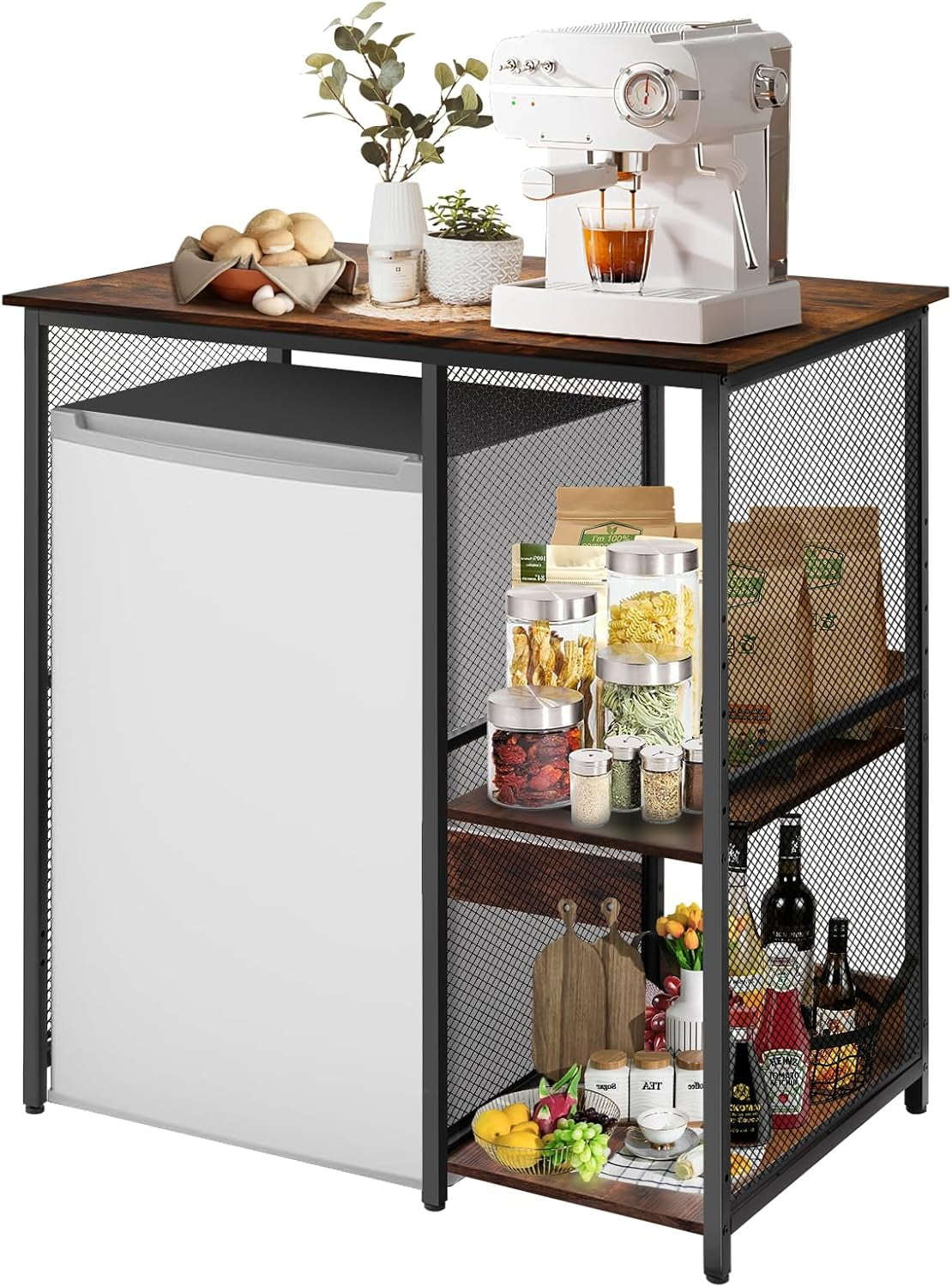 SHZOND Mini Fridge Cabinet with Storage, 3-Tier Mini Fridge Shelf Microwave Stand Table Baker Rack, Utility Storage Shelf Fridge Cabinet for Kitchen, Home, Office