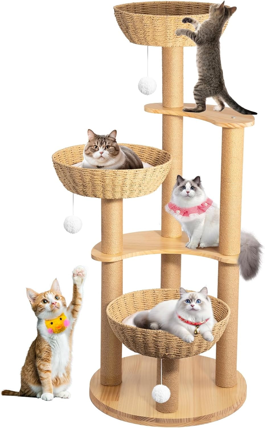 SHZOND Multi-Level Cat Tree Tower, 52" Oak Wood Cat Tree for Large Cats with 3 Weaving Cat Nests, Morden Cat Condo with 8 Scratching Posts for Indoor Cats, Cats Furniture Activity Center